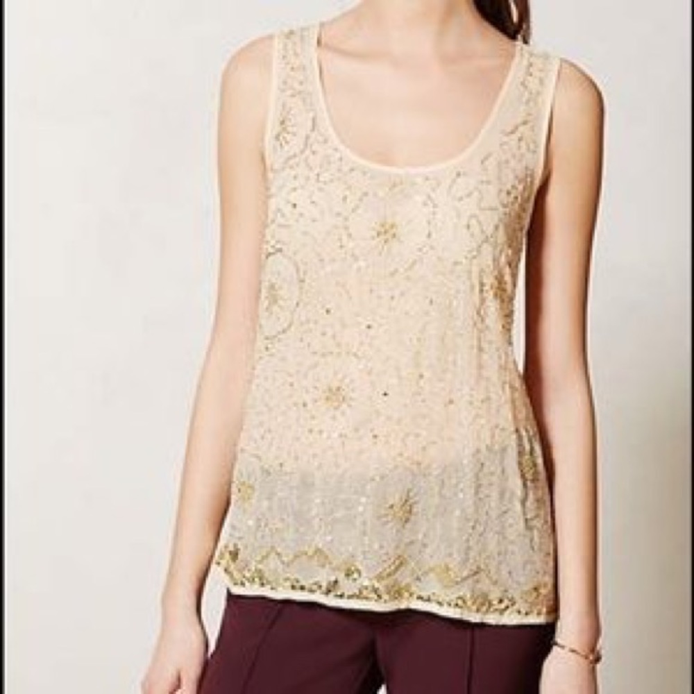 Anthropologie Cream Beaded Lace Tank Top
